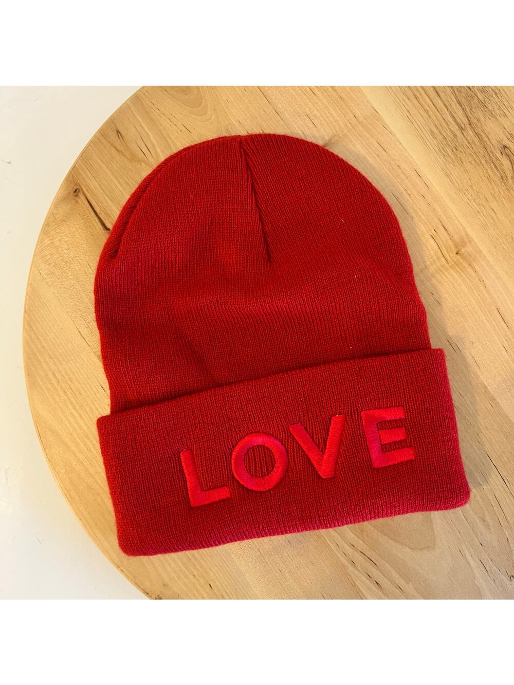 LOVE Red Knit Acrylic Embroidered Beanie Hat Unisex One Size